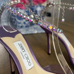 🔮 Jimmy Choo Saeda crystal satin pvc mules 100mm